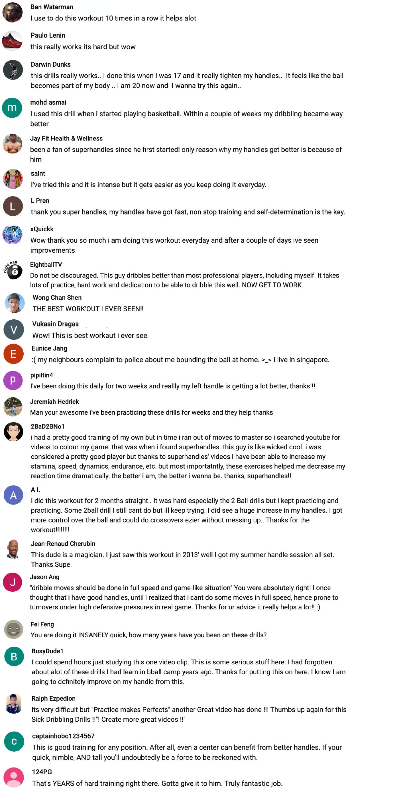 A grid of YouTube comments from basketball players who've used the SuperHandles ball-handling workout — feedback ranging from 'this really works' to 'best workout I ever seen' to descriptions of measurable improvement in handles.