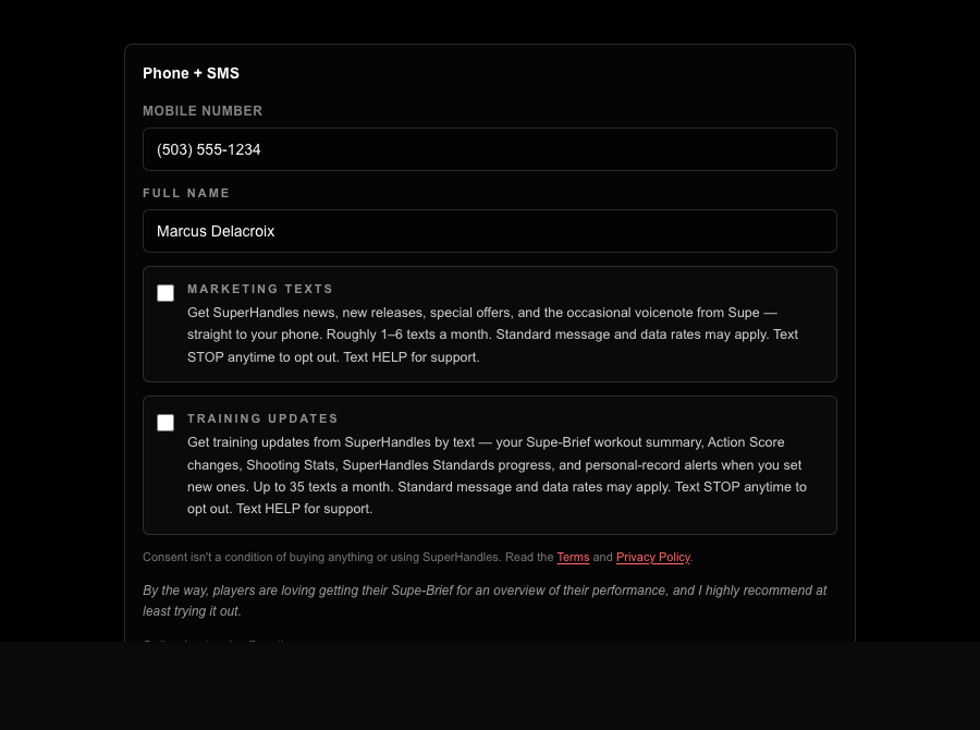 SuperHandles account settings page showing the SMS consent checkbox toggled off, with the full consent language visible.