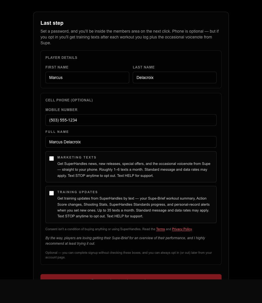 SuperHandles signup page showing the SMS consent checkbox in its default unchecked state, with the full consent language visible.